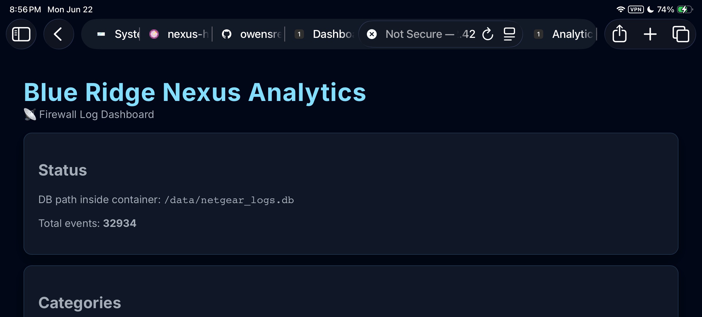 Blue Ridge Nexus firewall log dashboard